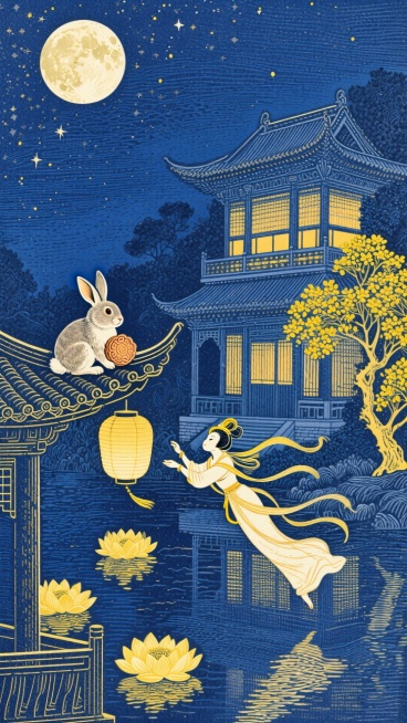 一只兔子抱月饼坐古楼檐角，另一只跃莲花灯上；嫦娥飞向月亮，深蓝夜空悬满月、缀星光，月下三层中式楼阁透暖光，右有黄花树，左及水面飘黄莲，水面映倒影。暖黄与深蓝交织。预览效果