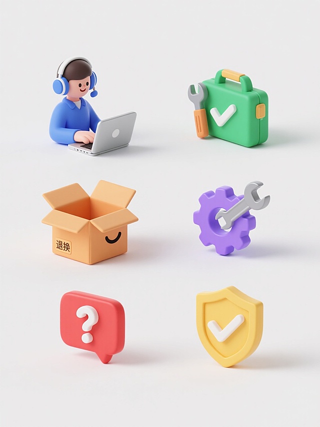 3D卡通风格，纯白纯色背景，六个售后相关图标元素系列素材集合规整排布，保持统一的柔和光影、平滑渐变质感和清新色彩基调。每个图标均为不同售后场景：1. 蓝色客服人员戴着耳机使用笔记本电脑，2. 绿色对勾标识的维修工具包，3. 橙色笑脸的退换货包装盒，4. 紫色齿轮与扳手组合的设置图标，5. 红色问号与对话框的帮助中心标志，6. 黄色盾牌与对勾的保障认证符号。所有元素采用相同的3D立体造型、圆润边角设计和简约线条，等距排列成两行三列，整体视觉协调统一。