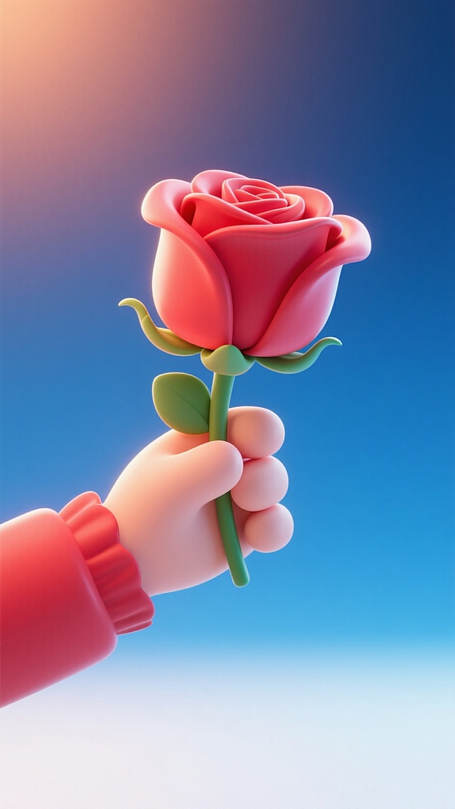 梦幻感十足的软3D风设计，卡通手握玫瑰，色彩渐变背景，营造浪漫氛围。