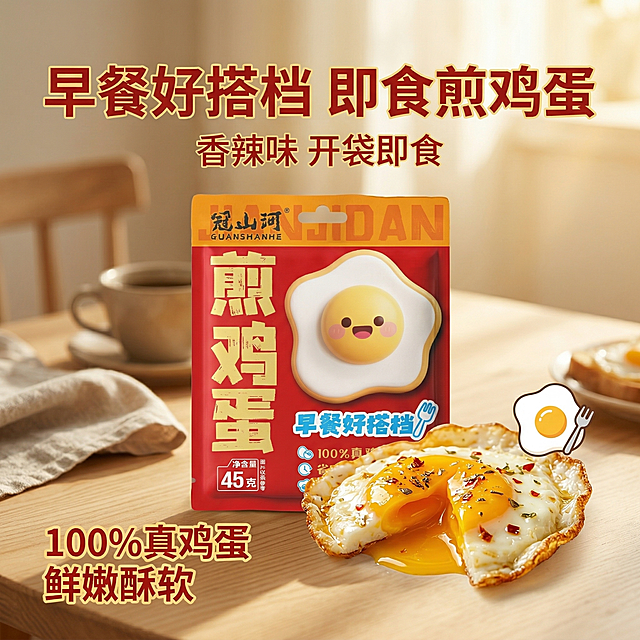 垫图：https://gdesign-dam-hz.dancf.com/35942465428774027/0d6f43e6ec0a48b1ae53ab740032da19.jpg，香辣味冠山河即食煎鸡蛋电商主图，产品包装保持原图一致，画面中心完整展示产品包装，前方摆放一颗切开的流心煎鸡蛋，蛋黄呈现诱人的半流心状态，自然暖阳逆光打在煎鸡蛋上，突出鲜嫩酥软的质感和油润光泽，背景是温馨干净的浅原木色餐桌，营造出早餐的氛围，标题文案 "早餐好搭档 即食煎鸡蛋"，副标题 "香辣味 开袋即食"，左下角标注核心卖点 "100%真鸡蛋 鲜嫩酥软"，字体为粗体无衬线，字色提取自产品包装的红金色，整体风格食欲感十足，背景铺满全屏，无边框，构图均衡，产品主体突出。