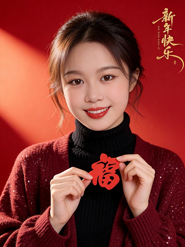 国潮风剪纸“福”字点缀，红黑配色尽显中式喜庆，毛发生长细节增添自然温馨感，新年祝福跃然眼前。