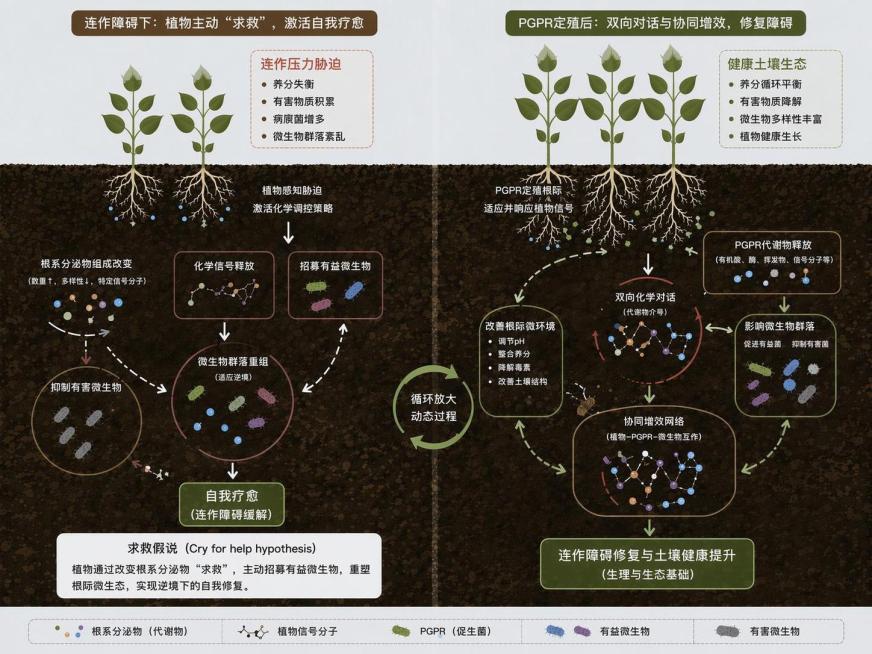 修改图片：让左右两侧的植株数量保持一致；清理求救假说文本框的背景，去除绿色不明物质，让背景干净整洁，保留所有文字、示意图结构和整体风格不变。预览效果