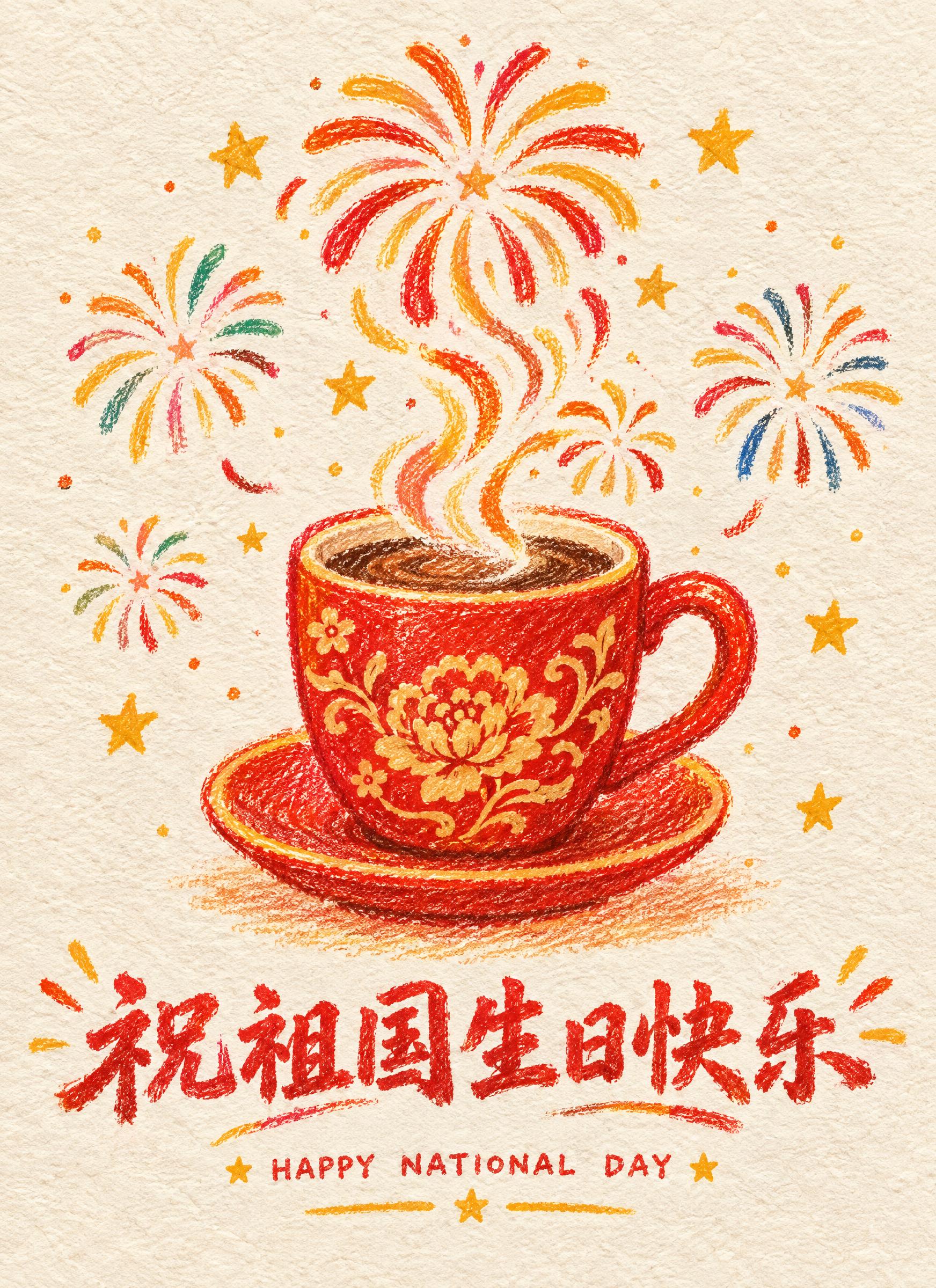 蜡笔手绘插画风格，米白色粗糙纸张纹理背景，咖啡主题节日祝贺插画… - 图片创意预览