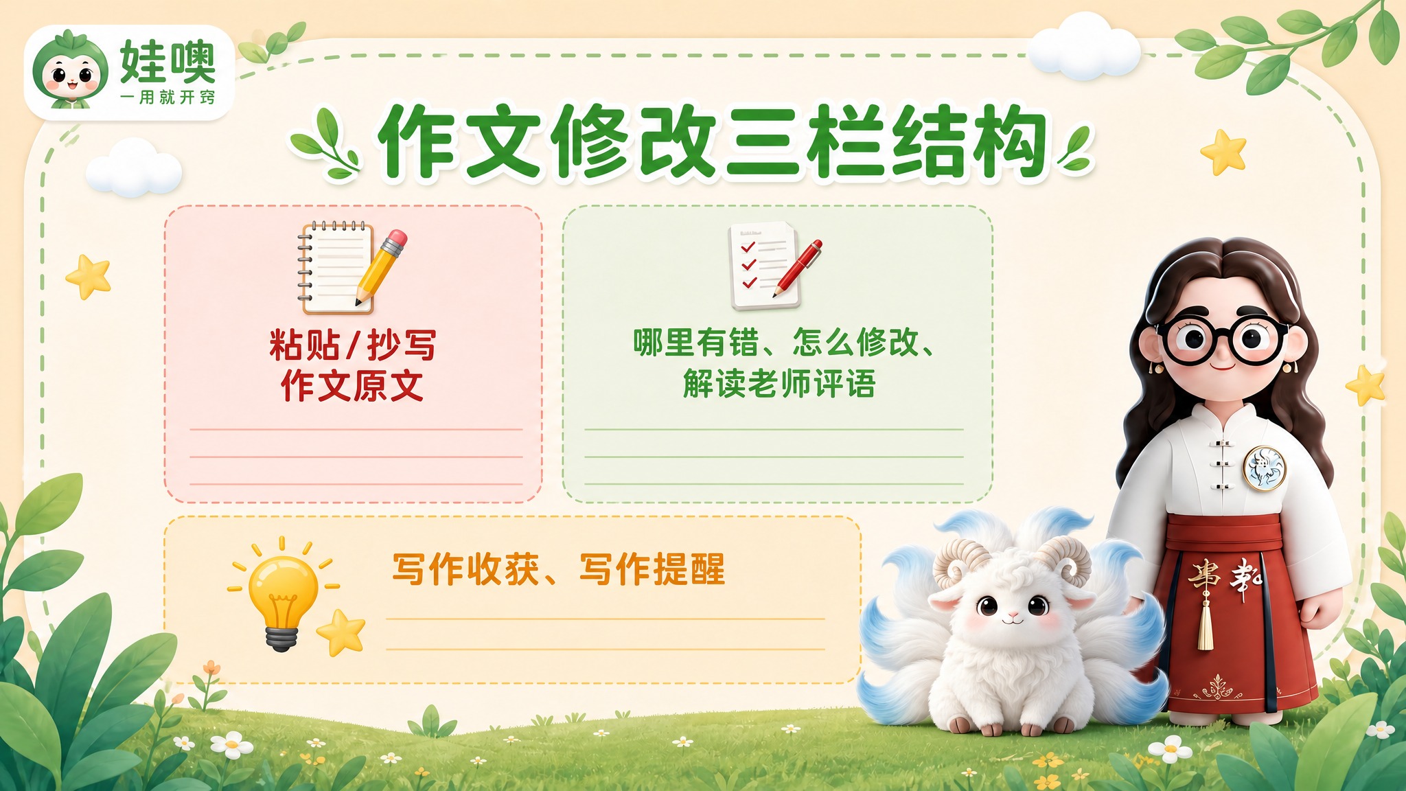 A4横版儿童教育PPT页面，清新杏色和绿色可爱风格，与第3张参… - 图片创意预览