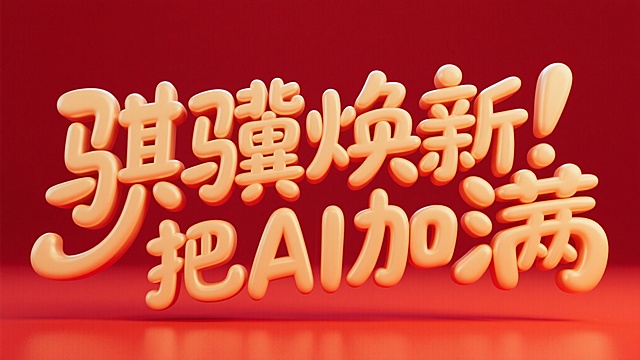 “骐骥焕新  把AI加满”生一个温暖感觉的手写字体，红色背景，淡金色的字，夸张一些，几个比划比较长，圆润一些，高级感