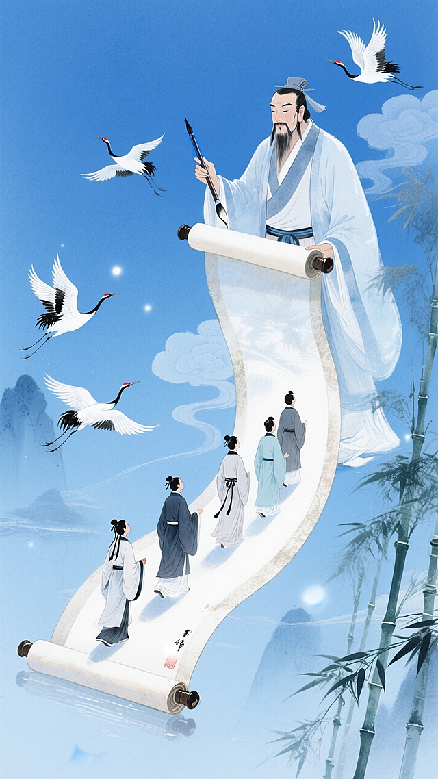 混合细腻彩铅质感，蓝青色为主色调。一个巨型的夫子（拿着一支毛笔）点着悬浮的蜿蜒不断的巨型卷轴；有几个古代学子行走在卷轴上；背景有飞鹤、祥云；竹子点缀画面。
