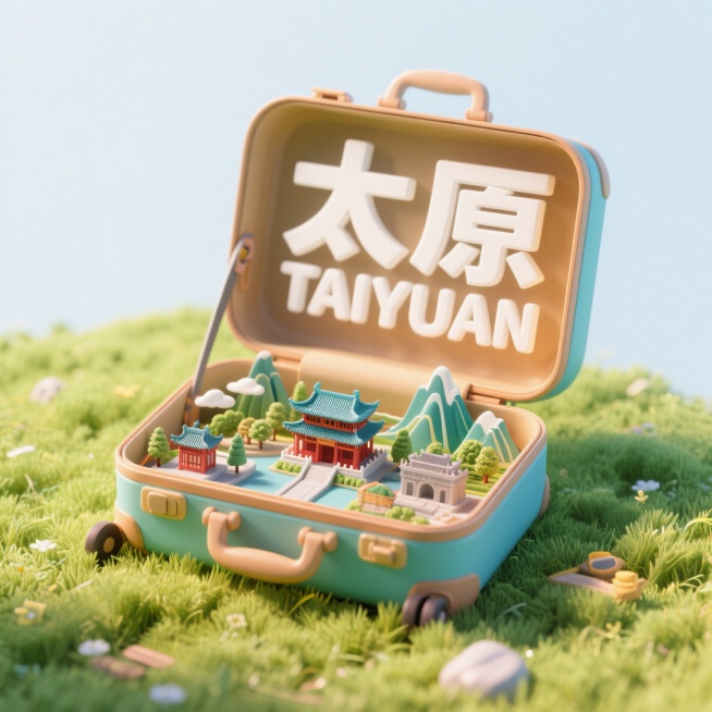 俯视图，一个打开的行李箱，行李箱内侧盖子写着“太原 TAIYUAN“，行李箱体里是太原景点组成的3d微缩景观，行李箱被放在草地上预览效果
