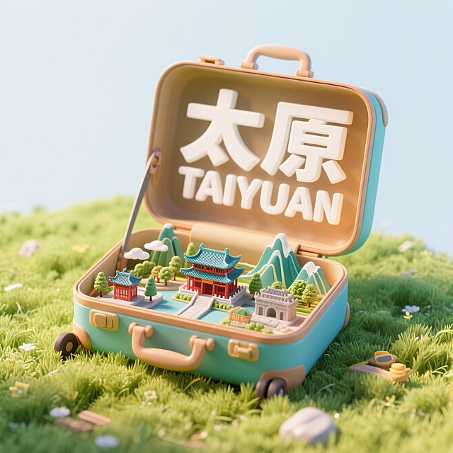清新卡通3D风，微缩艺术展现太原美景，行李箱创意设计，尽显旅行乐趣。