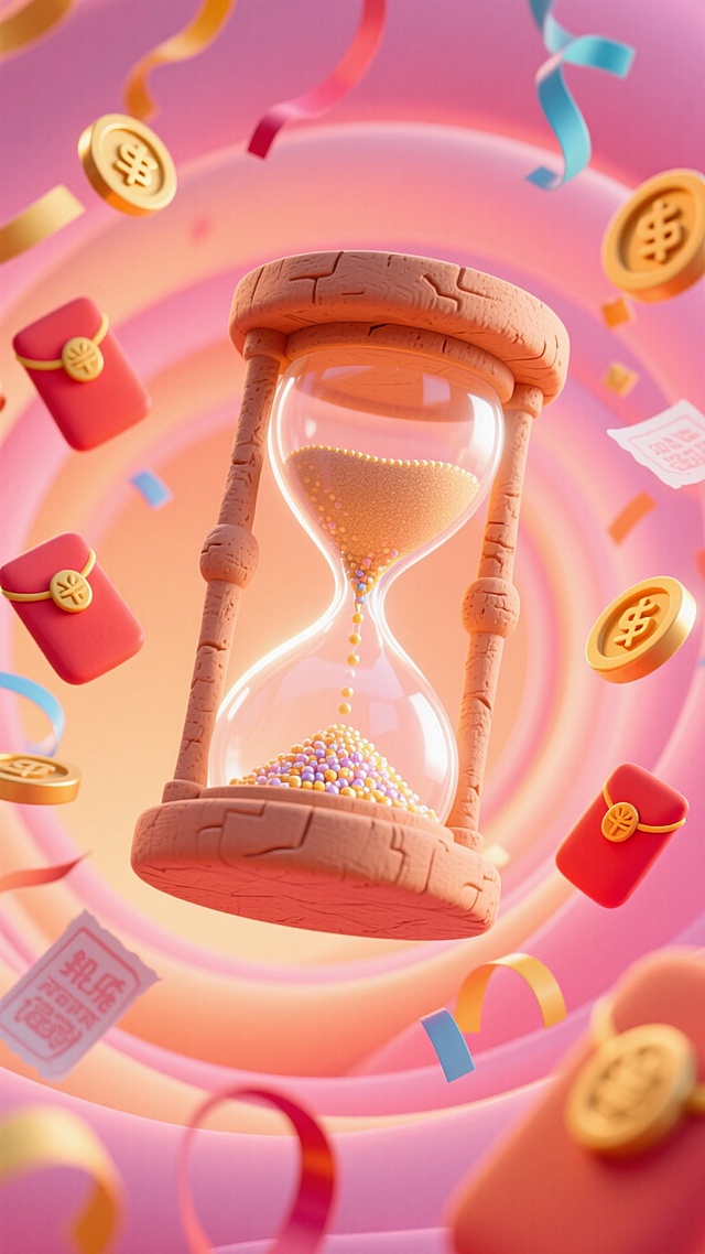 前景是一个大的沙漏悬空，背后散发着光芒，背景是一个节日漩涡，粉橙渐变色的漩涡中有许多红包、金币、优惠券、彩带等。热闹氛围。