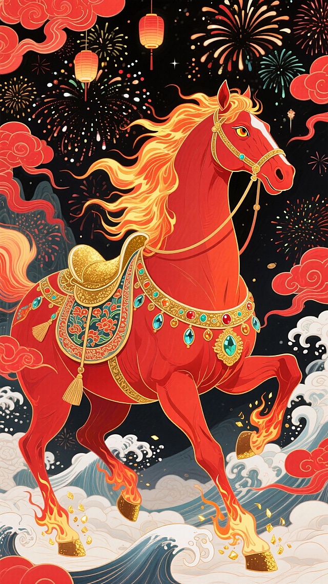 纯扁平风格，插画，工笔，描边，主体是饰有宝石彩纹鞍具的金眼绯红骏马（金红渐变鬃毛似火焰燃烧，金眼燃微光，呈踏火跃动姿态，蹄边迸发金色火星，充满神圣感与力量感）。背景为除夕夜烟花夜空，漫天绚烂烟花与红色祥云交织，浪涛元素化作火焰纹路环绕周身。色调以绯红、金、黑为主，热烈喜庆。
