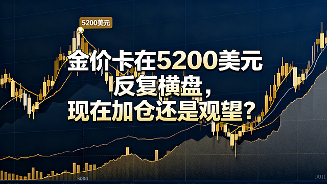 金融财经公众号横版封面图，画面中有黄金K线走势图，价格标注5200美元，主题是金价横盘震荡，配有文字“金价卡在 5200 美元反复横盘，现在加仓还是观望？”，金融商务风格，沉稳大气配色