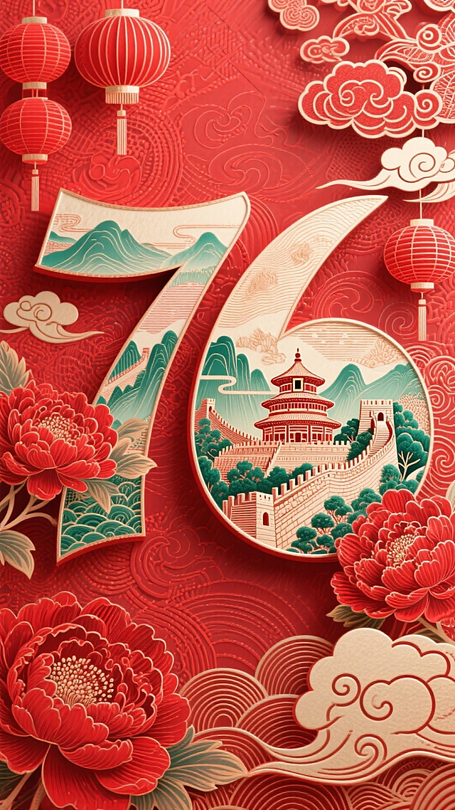 国潮风撕纸艺术，融合剪纸与浮雕质感，以“76”为超级符号，嵌入天坛、长城等中式元素，红金配色喜庆热烈，牡丹与灯笼点缀，尽显民族庆典氛围。