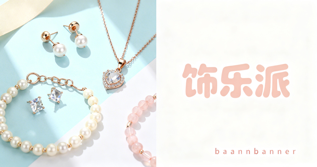 淘宝店铺横幅banner海报，售卖精致小饰品，采用左图右文布局，左侧展示精美好看的小饰品，右侧展示文字，包含店铺名"饰乐派"，整体风格清新时尚，适合首饰饰品店铺预览效果
