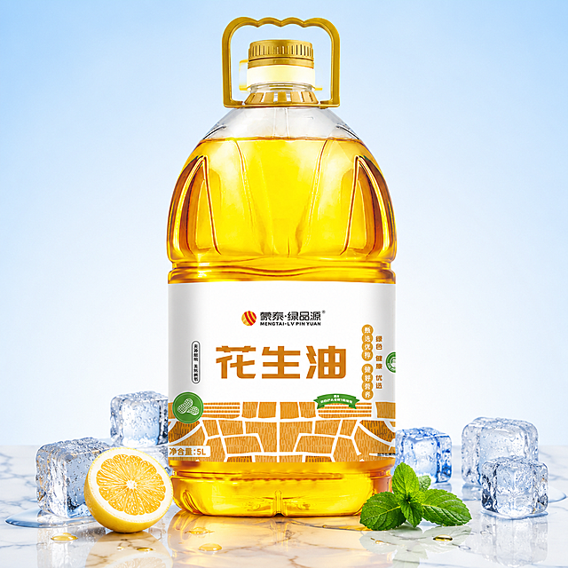 超写实食品商业摄影。
主体：花生油桶严格参照上传产品图，完整保留所有可见组件、部件、轮廓、结构、比例、材质、颜色与产品本体上的文字信息（logo / 品牌名 / 品名 / 净含量 / 标签图案等），与上传图完全一致；自然融入场景光影，与场景共处同一物理空间。产品占画面约60%，完整不裁切，背景无其他同类食用油产品。
构图：微侧5度平视，居中构图。
风格：清爽夏日风。
场景：白色大理石台面，清爽冷调棚拍结合自然元素。
空间/承载：①产品放置于纯白色大理石台面上，台面有细腻灰色纹理；②背景为渐变淡蓝色背景，上方浅蓝下方近白；③底部有柔和倒影。
陪衬/软装：①油桶周围环绕6-8块透明冰块，大小不一，表面布满细密冷凝水珠；②油桶左前方，半颗新鲜柠檬切片，汁水饱满；③油桶右前方，一小束薄荷叶，翠绿清新；④台面散落几滴晶莹油滴与水珠。
配色/材质：纯白 / 冰蓝 / 金黄 / 柠檬黄 / 薄荷绿；大理石 / 冰 / 玻璃质感 / 植物 / 塑料。
光影：主光为冷调清爽白光，从左前方高位打下；油体金黄通透与冷色背景形成鲜明对比，冰块晶莹剔透有折射光，整体干净清凉。
参数：4K 写实光追，商业棚拍质感。严格锁定宽高比为 1:1。