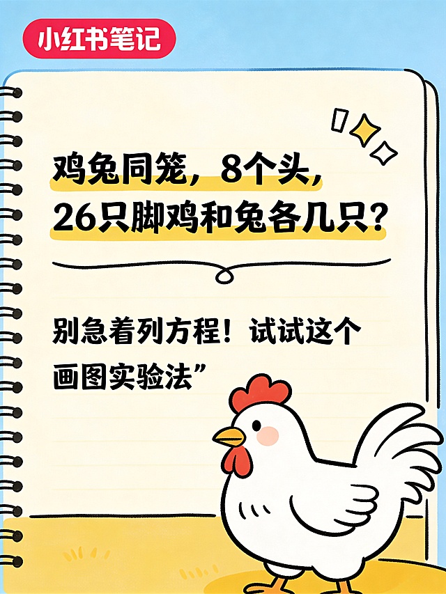 小红书笔记内页设计，和封面手绘风格统一，页面主标题："鸡兔同笼，8个头，26只脚鸡和兔各几只？"，下方正文："别急着列方程！试试这个“画图实验法”"，整体简洁清晰，亲子教育风格，配色明亮