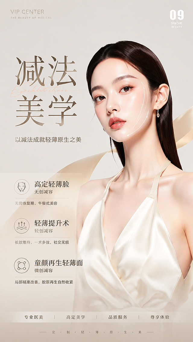医美宣传海报，巨型挂画，VIP中心高端风格，骨相高级脸美女模特，面部向上线条划线，产品名称及病症关键词放大设计。主标题：减法美学。副标题小字：以减法成就轻薄原生之美。文案内容：高定轻薄脸-无创减容 无需恢复期，午餐式美容；轻薄提升术-轻创减容 长效维持，一术多效，社交无痕；童颜再生轻薄面-微创减容 局部精准改善，胶原再生自然收紧。整体高端简约浅米色背景，参考图片的医美简约高级风格，产品信息突出