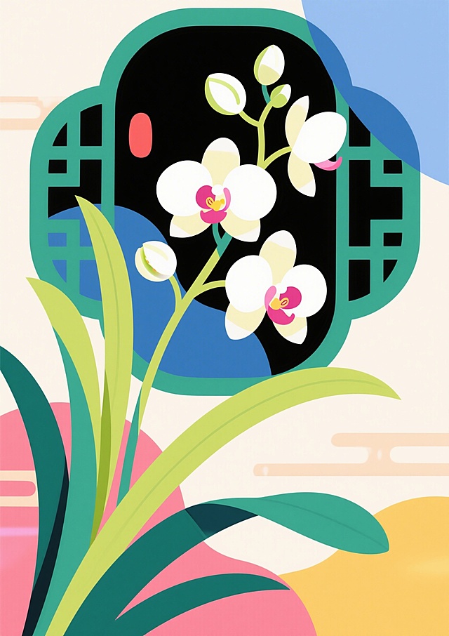 以兰花为主题的新中式配色扁平风插画，简约干净的线条和色块，中国风传统兰花主题