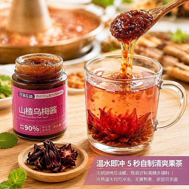 [单张主图] 山楂乌梅酱居家美食冲饮主图，展示温水冲调果茶吃法，突出便捷清爽特点。
[画面主体] 浅木色桌面，70%视觉聚焦冲饮组合：山楂乌梅酱玻璃罐放置在画面左侧，大容量高硼硅透明玻璃杯位于画面右侧；木勺从画面上方伸入，舀取山楂乌梅酱向下淋入温水中，酱体呈现清晰拉丝滴落杯中动态；杯内洛神花舒展绽放，茶汤通透红润；杯旁小木碟整齐摆放干燥洛神花，背景大面积虚化火锅、烧烤餐桌餐盘，点缀少量新鲜薄荷叶；保持山楂乌梅酱玻璃罐的外观、颜色、材质、瓶身标签文字与输入产品图绝对一致，杜绝任何变形、色差和文字错乱，精准捕捉酱体拉丝动态，细节清晰真实。商品主体完整不裁切，玻璃杯茶汤主体不被遮挡。
[构图版式] 采用真实使用场景型，文字锁定画面右下角，不遮挡主体，视觉层次清晰，动态感突出。
[场景元素] 浅木桌面，背景为虚化的火锅烧烤餐桌餐盘，营造餐后解腻场景联想，点缀薄荷叶增加清爽感，整体场景自然居家。
[文案版式] 文字仅锁定在画面右下角小型梯形半透紫底块，上层超大加粗横向白色大字“温水即冲 5 秒自制清爽果茶”，下层两行小号白色小字「火锅烧烤后油腻，瓶装饮料高糖多辅料｜冷热温水均可冲泡，无需熬煮，家庭可多囤」，所有文字清晰可辨，排版紧凑不遮挡玻璃杯茶汤主体，主标题字号远大于辅助文字。
[光影质感] 窗边清晨通透柔光，侧光打亮茶汤和拉丝酱体，突出茶汤红润通透质感，酱体光泽诱人，背景虚化浅景深，整体画面通透清爽，8K专业商业美食摄影质感，动态捕捉自然。
[配色字体] 浅紫清爽配色，主色调提取产品包装淡紫色、浅木色、茶汤红润色，搭配背景浅木色，整体清爽干净，文字对比清晰；主标题使用无衬线粗体，辅助文字使用细体无衬线，排版紧凑舒适。
[比例分辨率] 1:1比例，2048x2048像素，分辨率2K，文字清晰可辨，超高清商业摄影质感。
[负向提示词] 变形，文字错乱，产品图模糊，背景杂乱，水印，电商平台Logo，遮挡玻璃杯主体，错字，畸形结构，伪Logo。