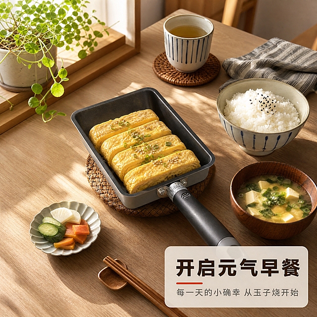 [主图-4] 场景使用图，主题为日式早餐场景沉浸展示，营造温馨早餐氛围，让用户想象自己使用的画面。
[统一基调] 日式温暖家居风，整体色调以米白、浅木色、暖灰为主，点缀深棕与哑光黑；字体为无衬线粗体中文，标题字色深棕近黑，辅助字色暖灰，强调色用哑光橙红；画面干净通透，自然光感，商业摄影质感。
[画面] 全景俯视角度的日式早餐餐桌场景，浅木色餐桌上，玉子烧锅放在中央偏左位置，锅内盛着切好的厚蛋烧，金黄色蛋卷整齐码放，上面撒了少许葱花和白芝麻；锅的周围摆放着一碗白米饭、一碗味噌汤、一小碟腌萝卜、一双木筷和一杯清茶；清晨阳光从画面左上角斜射进来，在桌面上投下柔和的光影，窗台上有一盆小绿植；产品作为场景核心元素，占画面约30%，整体氛围温馨治愈有生活感。
[光影质感] 清晨自然光，柔和温暖，食物色泽鲜亮，桌面木纹清晰，阴影长而柔和，整体通透有空气感。
[配色] 大面积浅木色+米白+食物暖黄色，点缀绿色葱花和绿植，整体温暖治愈。
[文字版式] 画面右下角放置半透明浅米色圆角文字框，内有主标题"开启元气早餐"大号粗体深棕色字，下方小字"每一天的小确幸 从玉子烧开始"；文字框不遮挡产品主体。
[输出要求] 1:1正方形，2048*2048像素，场景真实自然，产品融入场景无违和感，文字清晰，无水印无平台logo。负向：产品悬浮、边缘硬切、场景拼接感强、食物不真实、人物出现、水印、杂乱。