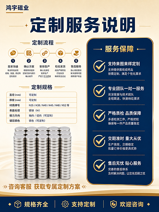 [商品] 使用【图1-图5】钕铁硼强磁 可定制 圆形磁铁；保留圆形扁平结构、银色金属电镀外观；保持产品真实外观。
[画面] 第5张-定制说明，定制流程+服务保障。目标：清晰说明定制方式和服务承诺，降低购买顾虑。构图：左右分栏，左侧圆形磁铁产品展示+定制咨询引导，右侧服务保障信息卡。左侧主体占画面约40%，多颗圆形磁铁阵列展示。右侧深蓝色服务卡背景，白色保障文字。底部定制联系方式引导（不含具体手机号/微信，仅写"咨询客服 获取定制方案"）。
[视觉] 套系策略：风格=蓝金工业品质风；标题字=粗黑体；正文字=黑体；主色=米金色；背景延展=浅米金色渐变背景，简洁干净突出信息；强调色=浅金色（#d4af37），用于图标、装饰线和重点标注；标题色=深蓝色（#1a365d）；正文色=深灰色，服务卡内白色；组件=深蓝色服务保障卡、浅金色图标、浅金色表格线；光影=正面柔光，产品清晰无过曝。
[文字] 顶部主标题"定制服务说明"深蓝色粗黑体。右侧服务保障：支持来图来样定制；专业团队一对一服务；严格质检品质保障；交期准时量大从优；售后无忧贴心服务。每条配浅金色勾选图标。左侧底部"咨询客服 获取专属定制方案"浅金色加粗。左上角"鸿宇磁业"品牌名。底部"规格齐全 支持定制 欢迎咨询"浅金色。
[规格] 图片比例3:4竖版，2K分辨率，避免变形、错字、文字过小、水印、平台Logo、悬浮感、产品结构失真，禁止出现手机号/微信/二维码等导流信息。