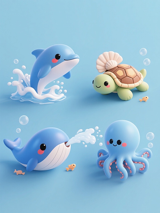 一套4个海洋动物主题的3D卡通风格系列素材，每个元素独立且完全不同，规整排布在纯浅蓝色背景上。每个海洋动物都具有圆润可爱的造型，光滑的渐变蓝色身体，白色腹部，黑色大眼睛和脸颊红晕，周围环绕着白色浪花、气泡和小鱼。元素包括：1. 跃出浪花的海豚，2. 背着贝壳的海龟，3. 喷水的鲸鱼，4. 摆动触手的章鱼。整体风格保持一致的可爱治愈氛围，光影柔和，色彩和谐统一，每个元素细节丰富且具有立体感。