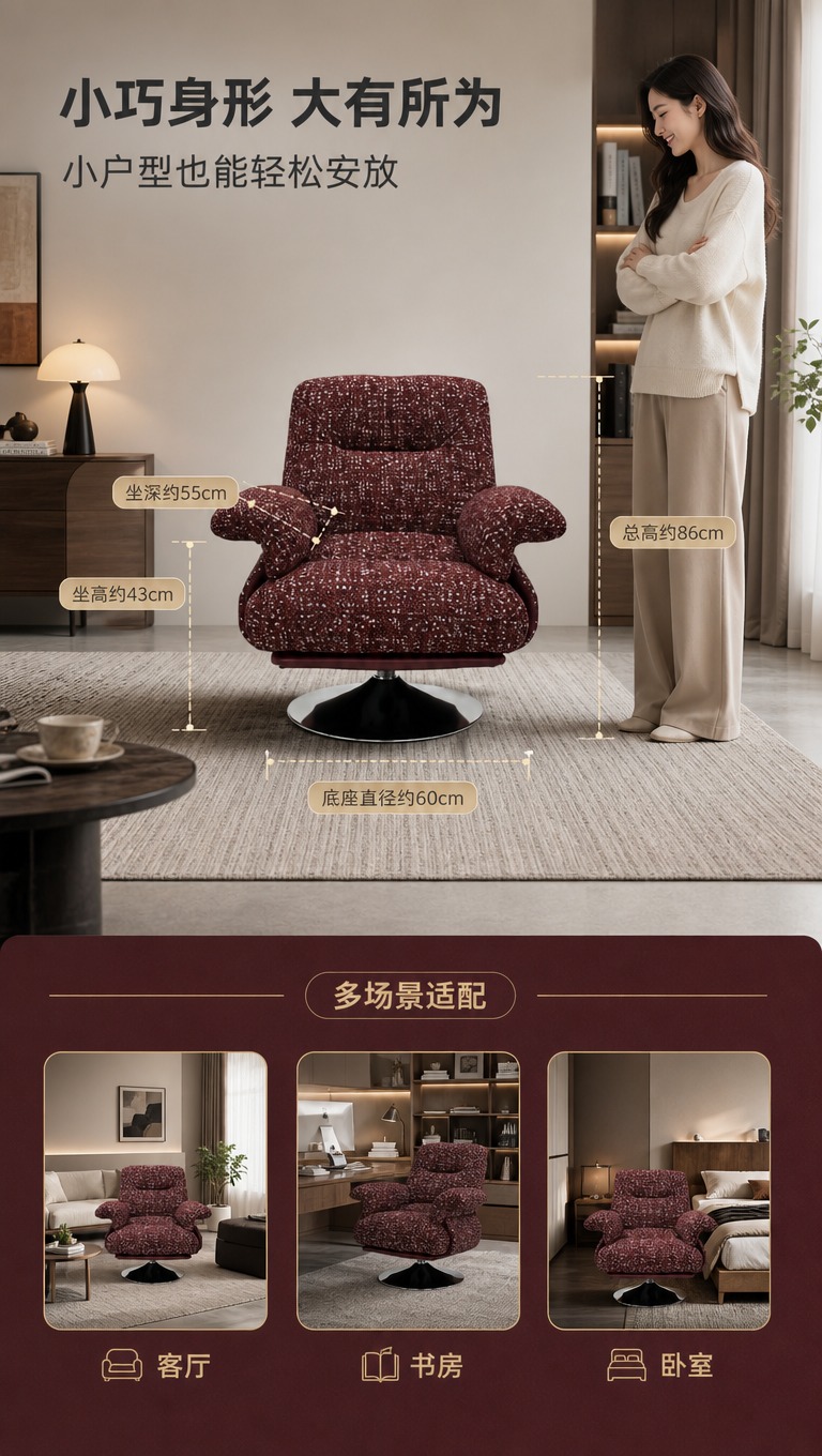 [商品] 使用【图1】酒红色提花布艺单人旋转沙发椅；保留整体结… - 图片创意预览