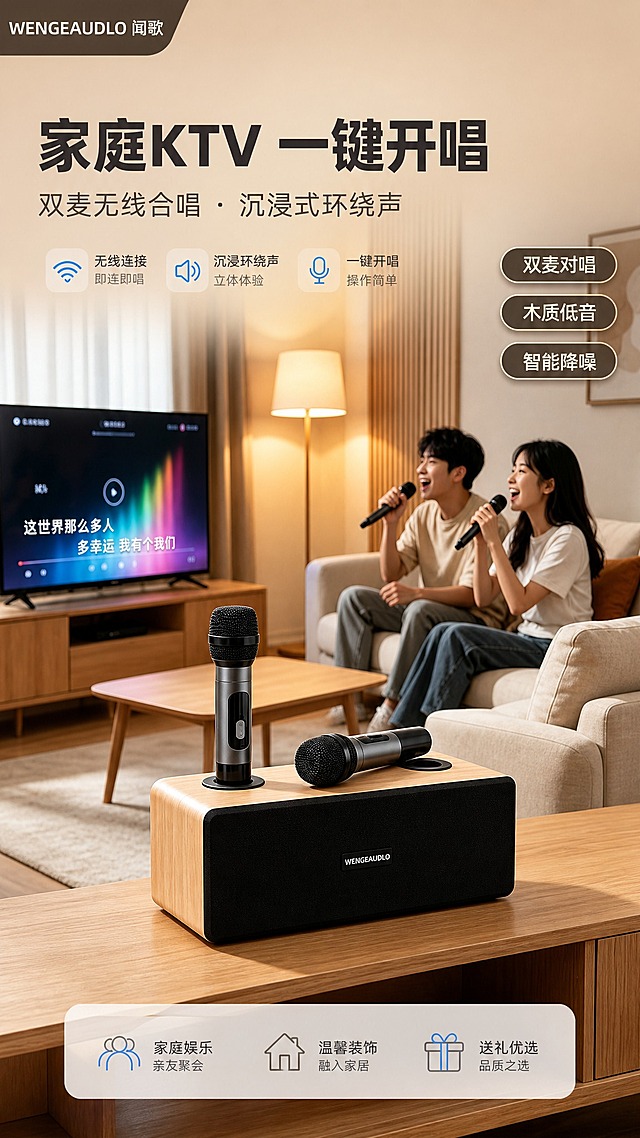 [商品] 使用【图1】木纹款家庭K歌音响一体机+双无线话筒；保留产品木纹箱体、黑色喇叭网罩、话筒银黑配色、话筒充电插座结构、WENGEAUDLO品牌标识，不改变产品原貌和比例。
[画面] 目标：头图海报，家庭KTV一键开唱的温馨场景。竖版9:16构图，上方1/3为标题文案区，中部为客厅场景，前景茶几上放置音响和双话筒，中景沙发上一对年轻亚洲夫妻手持话筒开心对唱，背景电视显示K歌界面，暖色调落地灯营造温馨氛围。产品占画面约40%，人物自然真实，场景有层次感。
[视觉] 套系策略：风格=现代简约科技家居风，温馨高级商业摄影；标题字=粗黑无衬线简体中文字；正文字=简洁无衬线简体中文字；主色=深木色+暖米灰；背景延展=基于暖米灰做深浅层级、同色渐变和细腻质感；强调色=科技蓝，仅用于小面积图标、引线、标签和光效；标题色=深炭灰；正文色=中暖灰；组件=圆角浅底信息卡、细线引线、胶囊标签；光影=左前侧暖柔光，产品面清晰。
[文字] 顶部主标题"家庭KTV 一键开唱"，副标题"双麦无线合唱 · 沉浸式环绕声"，右侧三个圆角胶囊卖点："双麦对唱"、"木质低音"、"智能降噪"，左上角品牌角标"WENGEAUDLO 闻歌"。文字横排，不遮挡产品主体和人物面部。
[规格] 图片比例9:16竖版，4K，负向提示：避免变形、错字、文字过小、产品颜色改变、结构失真、竖排文字、斜排文字。