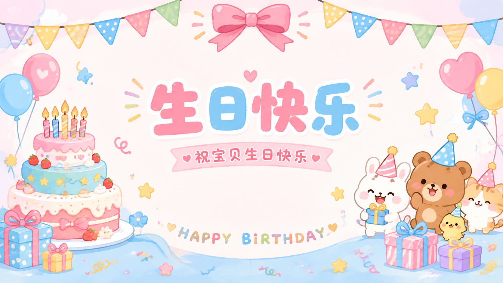卡通可爱风生日主题PPT封面页，横向16:9比例，粉色和浅蓝为… - 图片创意预览