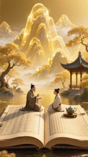 巨大翻开的古籍，古代师徒对坐在书页上（师父讲学、弟子聆听，搭配茶具），背景呈现金色半透明的山脉、发光树影、中式亭子，整体金黄色调，明亮、祥和宁静氛围。预览效果