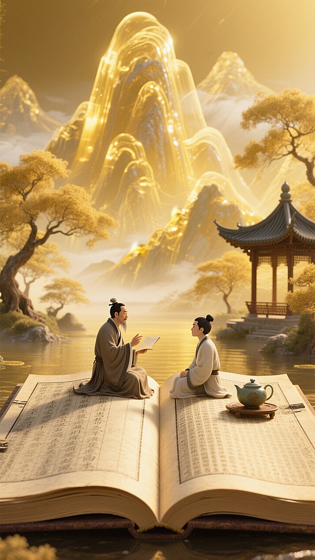 巨大翻开的古籍，古代师徒对坐在书页上（师父讲学、弟子聆听，搭配茶具），背景呈现金色半透明的山脉、发光树影、中式亭子，整体金黄色调，明亮、祥和宁静氛围。