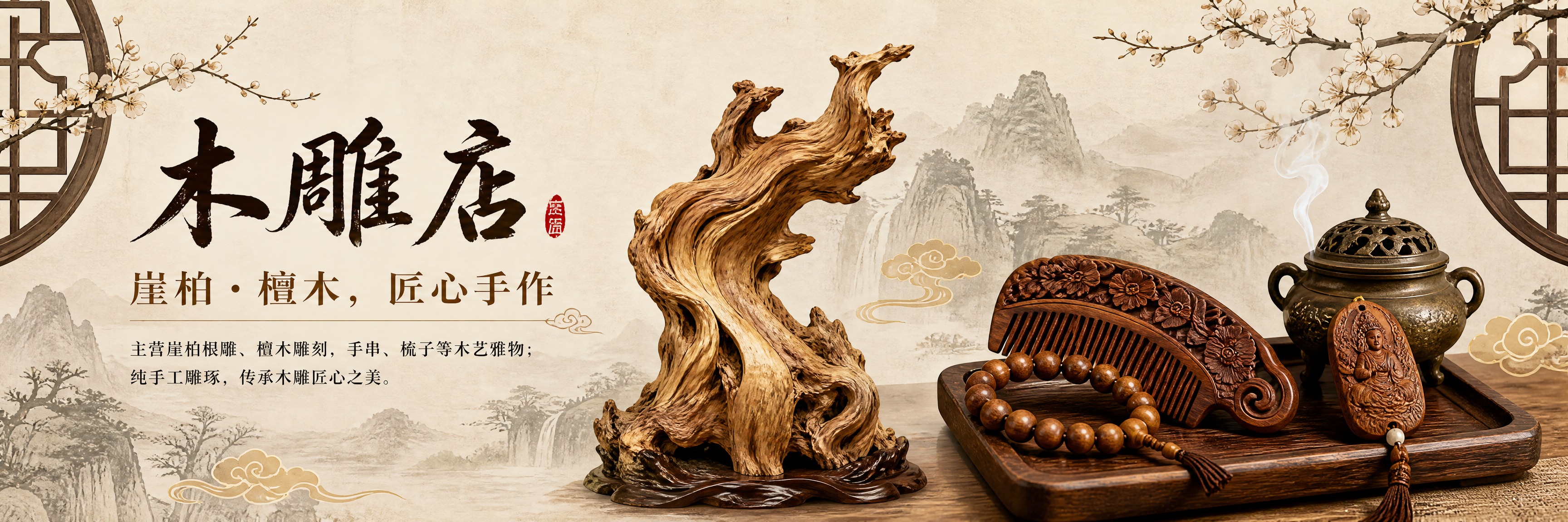 浅米色水墨国风超长横版宣传展板，比例约3:1（宽125cm×高… - 图片创意预览
