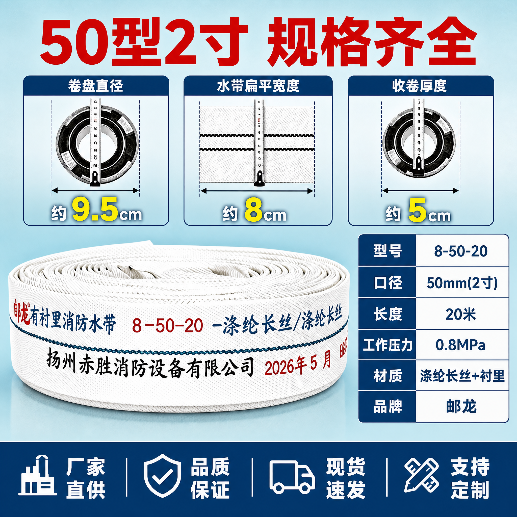 [主图-5] 规格型号与尺寸图，主题为消防水带规格参数与尺寸标… - 图片创意预览