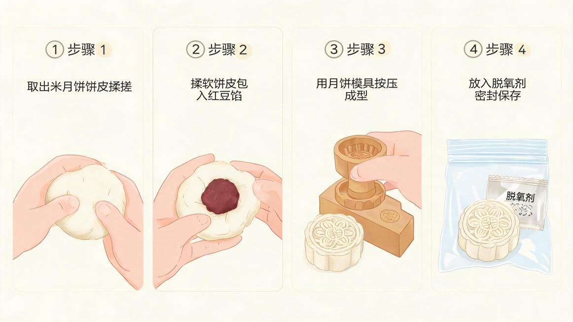 米月饼制作流程图，清晰展示完整制作步骤：1.取出米月饼饼皮揉搓，2.揉到饼皮柔软后包入红豆馅，3.用月饼模具直接按压成型，4.制作完成后放入脱氧剂密封保存。整体风格清新简洁，步骤清晰标注文字，美食插画预览效果