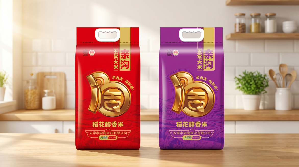 同时展示红色和紫色两款亲淘五常稻花香大米包装袋并排放在木质台面上，厨房背景保持明亮温馨，产品清晰完整，画面比例16:9，电商宣传效果图预览效果