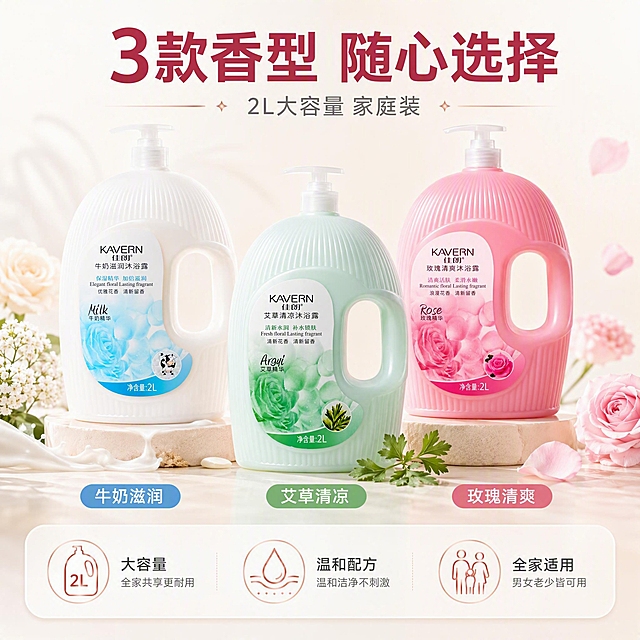 [主图-5] 全家福多款式展示，3款香型矩阵，体现2L大容量家庭装选择丰富。
[统一基调] 淘宝/天猫风格，专业品质，简约精致，高级感；主色=玫瑰粉+奶油白渐变；标题字=干净无衬线粗体；辅助字=简洁无衬线体；标题色=深玫瑰红；辅助色=暖灰色；强调色=玫瑰金，仅用于小面积装饰和细线；组件=极简细线图标、圆角半透明信息卡；光影=柔光箱商业摄影，左前侧主光，柔和阴影。
[画面] 3款沐浴露（牛奶滋润、艾草清凉、玫瑰清爽）以品字形或三角形排列展示，每款下方标注香型名称；背景为奶油白到浅米色渐变，带柔和光晕和花瓣/叶片装饰元素；产品占画面约60%，居中展示；整体高级全家福陈列质感。
[光影质感] 商业棚拍柔光，每款产品高光清晰，曲面反光自然，瓶身竖纹纹理清晰，底部柔和接触阴影，立体感强。
[配色] 主色奶油白+浅米色，3款产品各自颜色形成丰富层次，背景统一干净；整体色调和谐高级。
[文字版式] 顶部主标题「3款香型 随心选择」，副标题「2L大容量 家庭装」，每款产品下方标注香型名：「牛奶滋润」「艾草清凉」「玫瑰清爽」；底部3个小图标卖点：「大容量」「温和配方」「全家适用」；文字全部横排，不遮挡产品主体；字体为干净无衬线体，免费商用。
[输出要求] 比例1:1，2K分辨率，产品清晰完整，文字清晰可读；避免变形、错字、模糊、杂乱、水印、平台Logo、极限词、虚假宣传、价格标注。