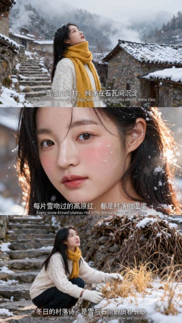 上宫格：中景镜头，女生穿白色厚实毛衣，黄色围巾裹住半张脸，站在山间村落的石阶上，雪花落在古朴的石屋瓦檐，她仰头看山间雾雪交融，神情纯净。添加中英字幕 “雪落山间村，纯净在石瓦间沉淀”“Snow fal预览效果