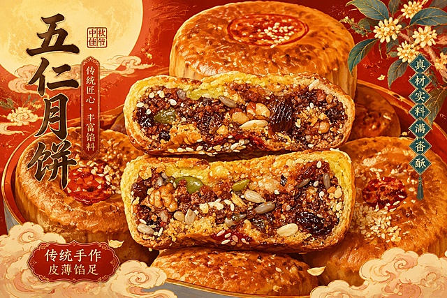 将这张传统五仁月饼切面图重绘为国潮手绘风格宣传图，保留月饼丰富的坚果馅料细节和整体构图，采用中国风工笔插画质感，色彩浓郁喜庆，适合中秋美食宣传