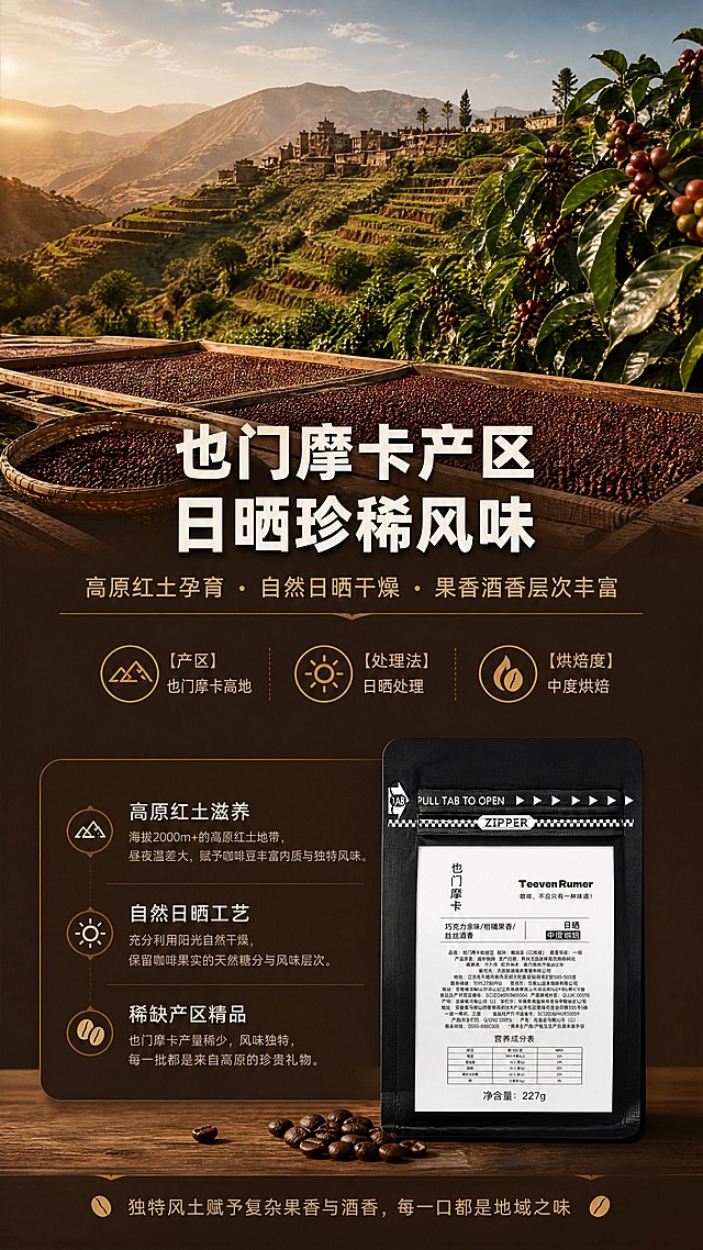 [商品] 使用【图1】Teeven Rumer 也门摩卡咖啡豆包装袋小图置于右下角作产品露出；保留包装外观与文字原貌，清晰化处理，不做文字改写。
[画面] 目标：第2张 产地与处理法专页，放大也门摩卡产区与日晒工艺的稀缺性与价值感。构图：上中下三层，上部大场景占画面55%，中部标题区，下部产品+信息卡；主视觉为也门高原山地咖啡种植园实景（梯田、红土、咖啡树、充足阳光），占画面约50%；中景叠加日晒晾晒棚与咖啡果平铺晾晒的俯拍特写元素，占画面约20%；右下角放置产品包装袋缩略图，占画面约15%；整体营造产地溯源与日晒工艺的真实感。
[视觉] 套系策略：风格=精品咖啡高级商业摄影风，暖调电影感；标题字=现代无衬线粗体（思源黑体Heavy类）；正文字=简洁无衬线体（思源黑体Regular类）；主色=深咖啡棕（#3B2418）；背景延展=基于深咖啡棕做深浅层级、同色渐变与木质/纸张质感延展；强调色=金棕色（#C68A4E），仅用于小面积风味icon、引线、标签底纹与局部高光；标题色=奶白色（#F5EFE6）；正文色=浅米咖（#D9C7B0）；组件=圆角深棕信息卡、细金线引线、咖啡豆形icon；光影=自然暖日光，产地画面明亮通透，信息卡区域柔和均匀。
[文字] 主标题（上部叠加或中部标题区）："也门摩卡产区 日晒珍稀风味"；副标题："高原红土孕育 · 自然日晒干燥 · 果香酒香层次丰富"；3个信息点分栏："【产区】也门摩卡高地""【处理法】日晒处理""【烘焙度】中度烘焙"；底部小字补充："独特风土赋予复杂果香与酒香，每一口都是地域之味"；全部横排，层级清晰，手机端可读。
[规格] 图片比例9:16竖版，4K，负向提示：避免产地画面失真、文字过小、冷色调、包装文字错乱、绝对化用语、医疗功效宣称。