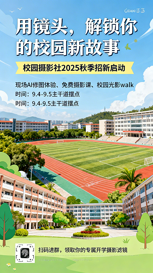 校园摄影社招新宣传海报，青春校园风格，大标题写着“用镜头，解锁你的校园新故事”，副标题写着“校园摄影社2025秋季招新启动”，内容展示活动信息：现场AI修图体验、免费摄影课、校园光影walk，时间9.4-9.5主干道摆点，底部提示“扫码进群，领取你的专属开学摄影滤镜”，画面背景是青春洋溢的大学校园环境，明亮清新的色调，排版整洁美观