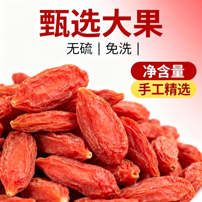 帮我生成1张电商主图，产品是宁夏红枸杞，
风格要促销醒目、高点击。
核心卖点： ②净含量 ③手工精选。
尺寸 800×800px，背景纯白 + 浅红渐变，主色调红 + 黄 + 白。
文案：主标题 “甄预览效果