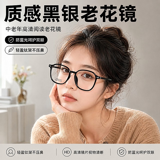 [单张主图] 质感黑银黑框老花镜 爆款促销感拼多多1:1电商主图，保持模特形象、镜框形状颜色材质和整体版式布局不变，修改产品定位和文字文案为老花镜。核心卖点改为中老年高清阅读老花镜，防蓝光呵护双眼，轻盈钛架不压鼻，高清镜片视物清晰。[画面主体] 保持亚洲成熟女模特姿势、镜框黑框钛架质感与原图一致，仅调整产品文案定位为老花镜，整体居家浅灰背景保持不变。[光影质感] 保持原自然柔和光影，商业摄影高清质感，画面干净高级。[比例分辨率] 1:1比例，2048px*2048px，4k分辨率，文字清晰可辨。[负向提示词] 变形，文字错乱，眼镜变形变色，模特五官畸形，背景杂乱，水印，电商平台Logo，遮挡主体