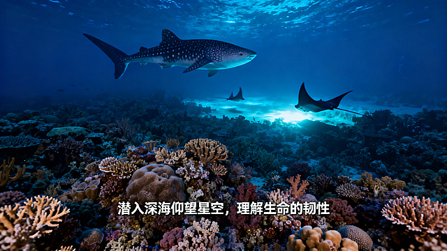 《蓝色星球》系列震撼画面，展现神秘的深海生物、充满生命力的珊瑚、光影交错的海水，比如庞大的鲸鲨在深蓝中游弋、绚丽的珊瑚礁生态系统，或蝠鲼在夜色中划过发光海域，搭配文字"潜入深海仰望星空，理解生命的韧性"
