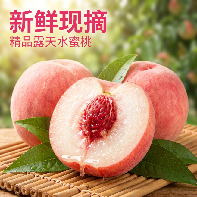 [主图 1] 新鲜露天水蜜桃点击率首图，展示诱人食欲。
[氛围风格] 自然生鲜风，新鲜果园氛围感，食欲感满满。
[画质] 商业摄影质感、光线柔和通透、产品清晰真实、画面干净高级。
[元素] 保持水蜜桃预览效果