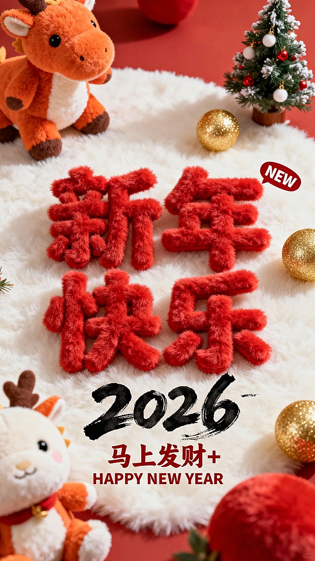 毛绒质感“新年快乐”大字搭配国潮风卡通玩偶，融合浮雕式文字与喜庆红金配色，营造出可爱又热闹的节日氛围，传递2026年新春祝福。
