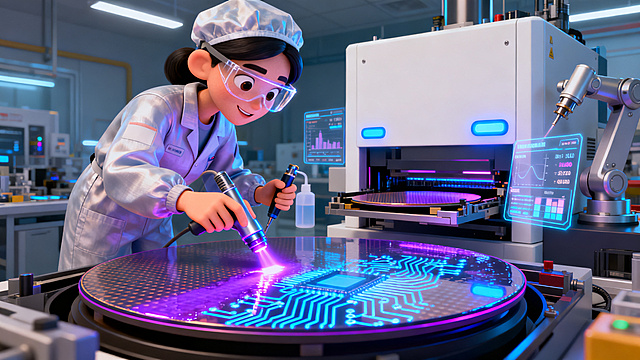 A 28-year-old capable Chinese female worker in an anti-static cleanroom suit and transparent face shield, with a focused and precise expression. She is leaning over a giant horizontal circular silicon wafer platform. In her right hand, she holds a futuristic spin-coating spray gun, evenly spraying a layer of glowing purple photoresist across the wafer surface. In her left hand, she holds a developer sprayer, rinsing part of the surface to reveal glowing blue circuit patterns underneath. Behind her stands a large, complex Track machine with clean white panels, glowing blue indicator lights, and robotic arms for wafer handling. Holographic thickness and uniformity data floating around. 3D Pixar style, cyberpunk tech-wear, highly detailed, expressive, vibrant neon colors, dramatic cinematic lighting, clean high-tech background, 8k resolution, octane render