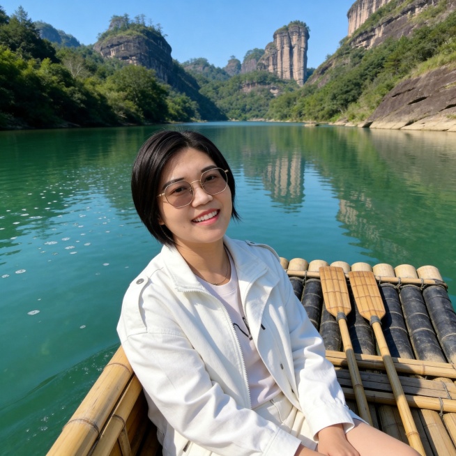 清新治愈系武夷山竹排游写真，女生坐在竹排上欢乐游玩，周围是武夷山清澈碧绿的九曲溪水，两岸是青翠的丹霞山峦，水面泛着细碎波光，柔和的自然漫射光均匀洒落在人物面部，形成细腻的高光与阴影过渡；清透奶油肌，真预览效果
