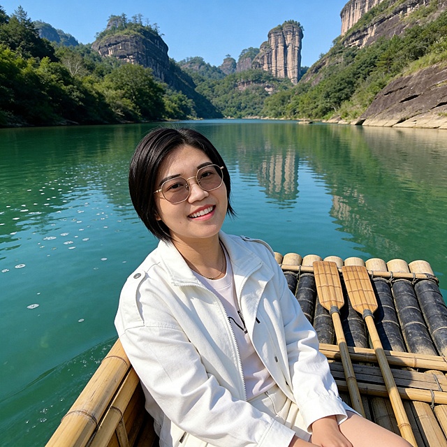 清新治愈系武夷山竹排游写真，女生坐在竹排上欢乐游玩，周围是武夷山清澈碧绿的九曲溪水，两岸是青翠的丹霞山峦，水面泛着细碎波光，柔和的自然漫射光均匀洒落在人物面部，形成细腻的高光与阴影过渡；清透奶油肌，真实皮肤纹理，白皙通透，保留原人物的五官与利落短发，女生面带灿烂愉悦的笑容，身体放松倚靠在竹排边，身着清爽休闲的白色外套搭配浅色系内搭，竹排上摆放着简单的竹制船桨，背景是层叠的青山与澄澈的蓝天，水面倒映出山峦的轮廓，画面氛围轻松治愈充满度假感，中景构图，人物位于画面视觉中心，分辨率4k，电影级光影质感，商业人像摄影级别，画面比例3:4