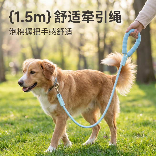 [主图 1] 牵引绳牵着狗狗在公园散步场景首图。
[氛围风格] 温馨自然户外场景，清新治愈的生活风；
[画质] 商业摄影质感、光线柔和通透、产品清晰真实、画面干净高级。
[元素] 浅蓝1.5m狗狗牵引预览效果