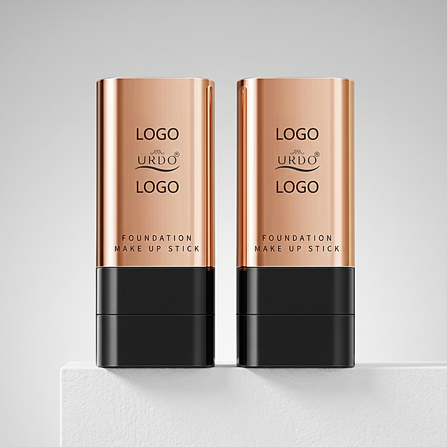 [主图 1] Foundation make up stick product display. Minimalist pure light gray gradient background with a minimalist white plaster静物 platform. Two foundation sticks are placed in the center. Keep the product appearance (physical structure, material texture, color, text and logo) completely consistent with the input image, no deformation or color difference. Commercial photography texture, soft and delicate light, transparent water bright tone, high-definition clear details, clean and advanced picture. Product主体占画面85% or more, screen full of no borders, conform to international cross-border platform aesthetic norms. Soft light box as the main light, natural reflection as auxiliary light, highlight the metallic luster of the bottle and the black matte texture, transparent and not gray. Main color rose gold and matte black, auxiliary color light gray background. Head-up perspective, focused vision, no text added on the picture. 1:1 ratio, 2K resolution, super HD. Negative prompt: deformation, watermark, text clutter, product blur, background clutter.