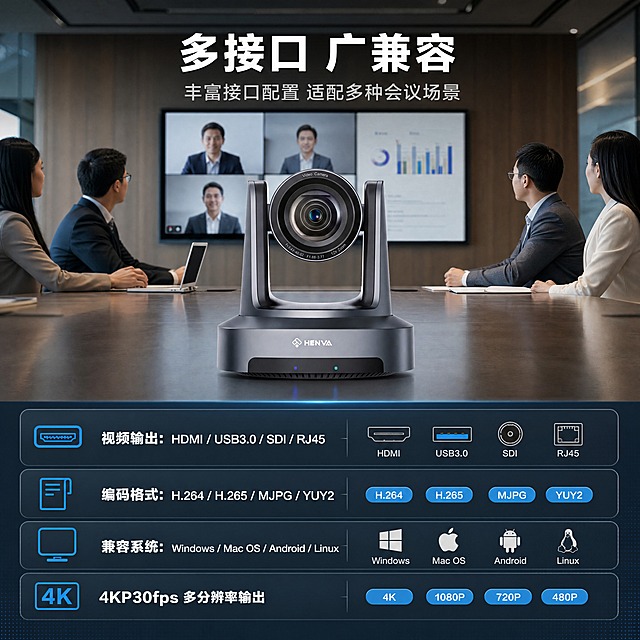 [商品] 使用【图1】HENVA HW-UV20A-4K视频会议摄像机；保留深灰金属机身、U型云台支架、圆形镜头模组、正面HENVA白色Logo，不改变产品结构、颜色和材质。产品放置在会议场景中，尺寸比例协调。
[画面] 目标：多接口兼容与会议场景应用展示。构图：上半部分为现代化会议室场景，摄像机放置在会议桌前端，正对会议桌，背景有大屏幕和参会人员剪影；下半部分为接口与兼容系统展示区，用图标和文字展示HDMI、USB3.0、SDI、RJ45接口及多系统兼容。背景：上半部分真实商务会议室场景，暖冷结合的灯光；下半部分深色科技背景，接口图标清晰排列。
[视觉] 套系策略：风格=科技商务专业商业摄影；标题字=现代无衬线粗黑体；正文字=简洁无衬线中黑体；主色=深灰蓝(#1E2A38)；背景延展=基于深灰蓝做深浅层级渐变、细腻金属磨砂质感和微弱科技网格；强调色=青蓝色(#00B4FF)，仅用于小面积图标、引线、标签和局部光效；标题色=纯白色；正文色=浅灰蓝(#B8C4D0)；组件=圆角半透明信息卡、细线引线、胶囊形标签；光影=左前侧冷硬光，产品边缘有轮廓光，金属质感强烈。
[文字] 顶部主标题"多接口 广兼容"，副标题"丰富接口配置 适配多种会议场景"。下半部分接口区："视频输出：HDMI / USB3.0 / SDI / RJ45"、"编码格式：H.264 / H.265 / MJPG / YUY2"、"兼容系统：Windows / Mac OS / Android / Linux"、"4KP@30fps 多分辨率输出"。配对应图标，文字全部横向排版。
[规格] 图片比例1:1方版，4K，medium。避免变形、错字、文字过小、产品颜色改变、结构失真、极限词、京东平台Logo。